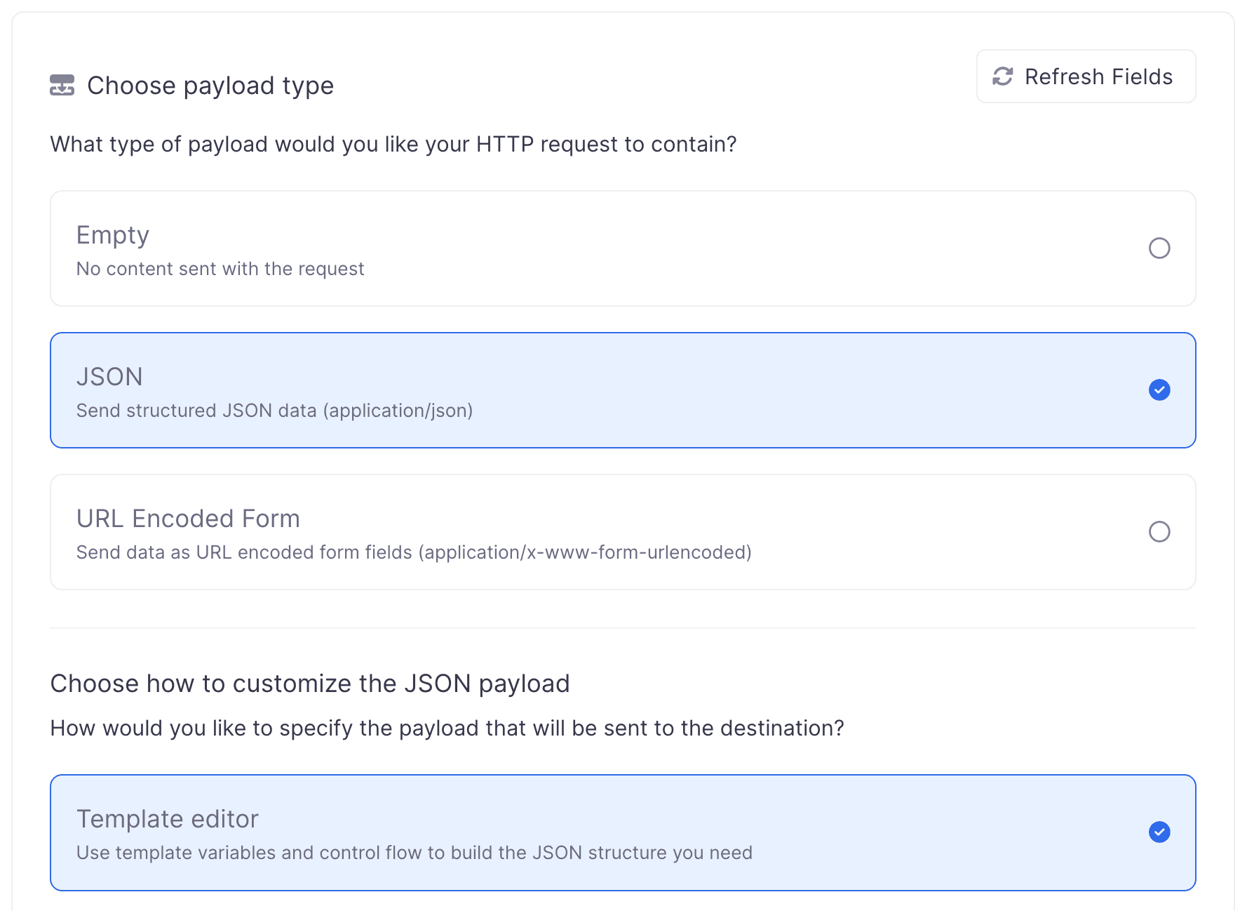 Select the JSON payload type with template editor option